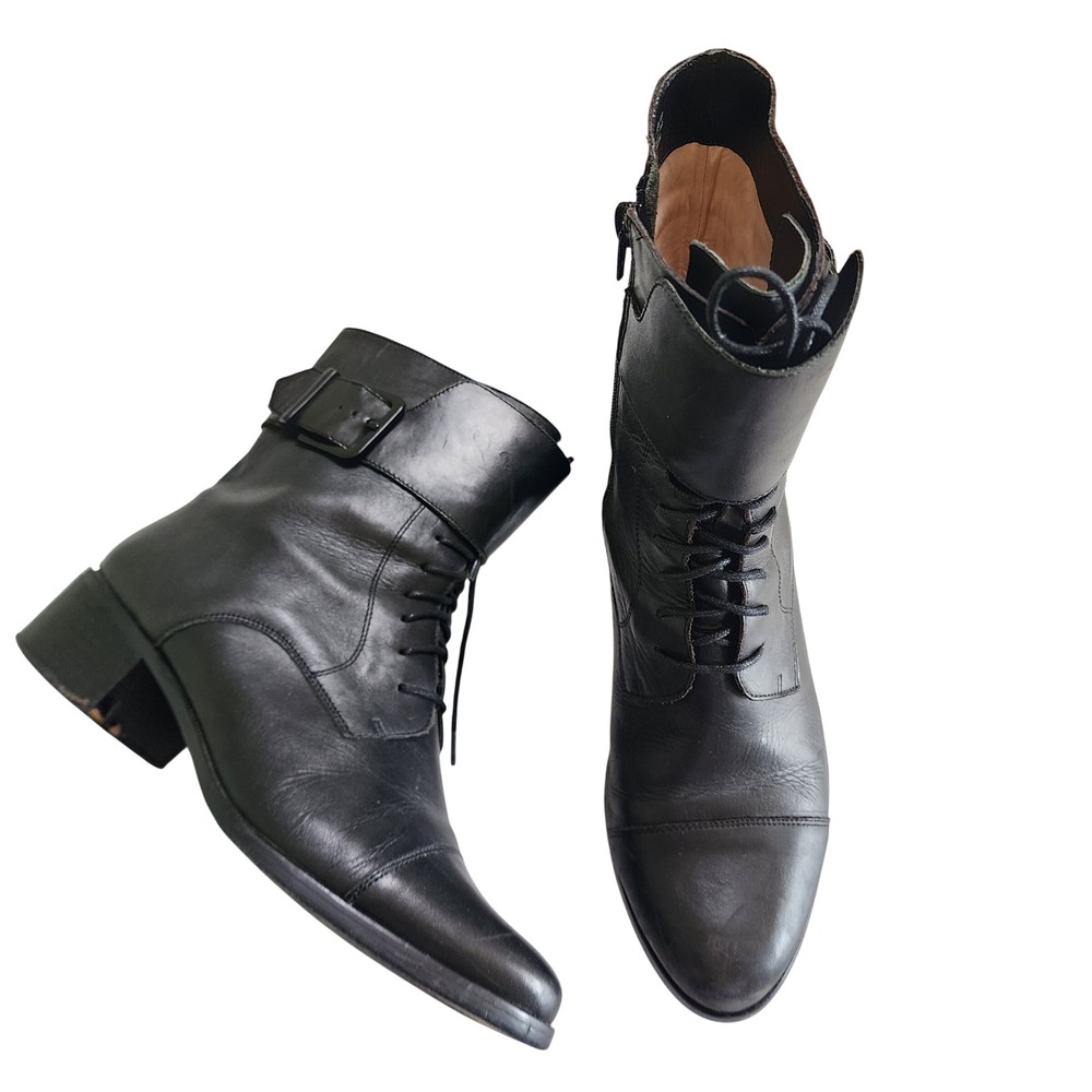 Gray by Saks Fifth Avenue Womens Black Leather Lace Up Buckle Boots Size 8.5